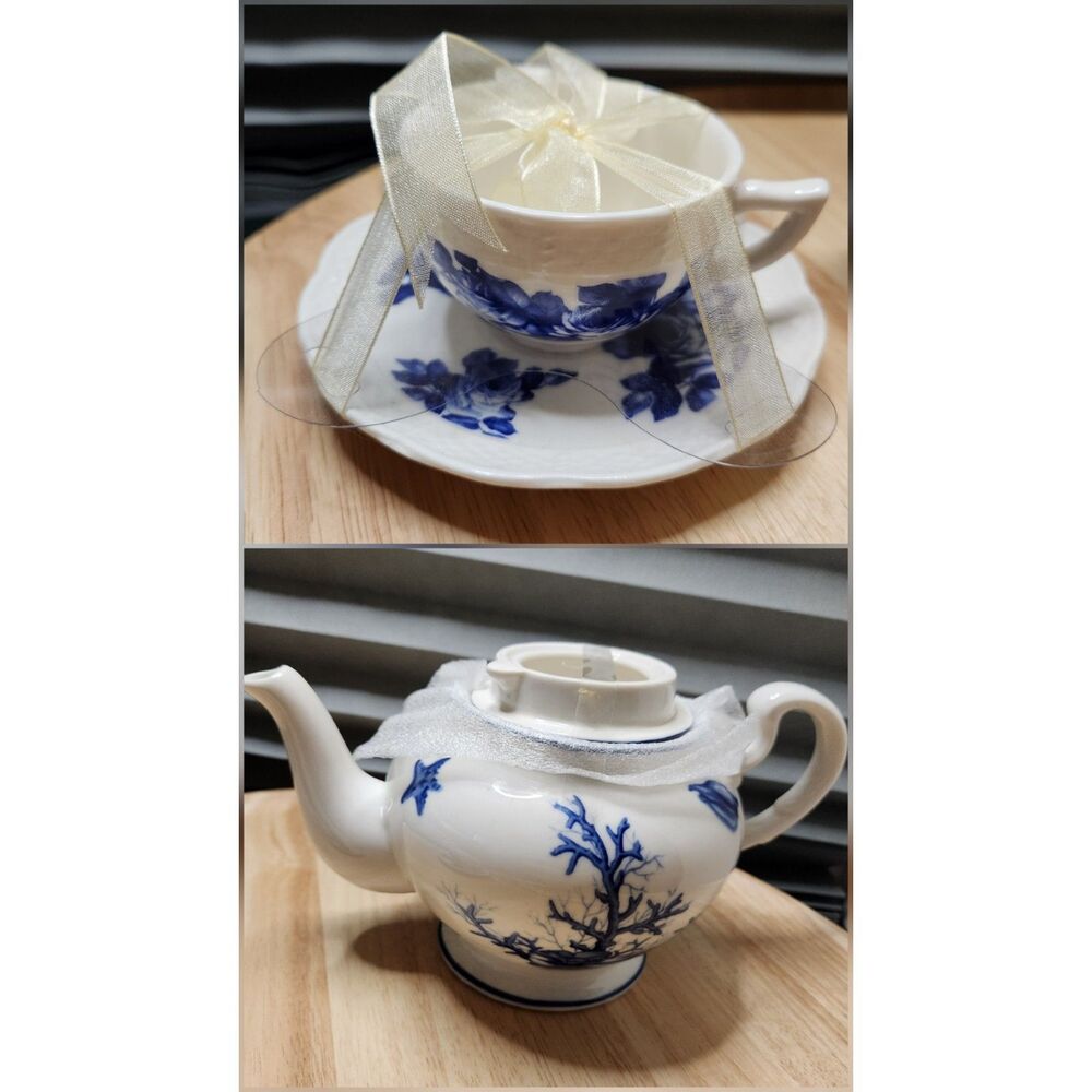 Nantucket Blue & White Tea Set Teapot Cup Saucer 3 Piece